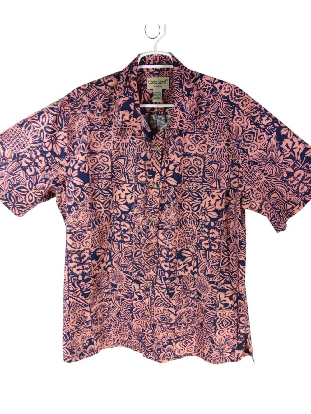 Vintage Cooke Street Mens Hawaiian Shirt XL Pink Navy 100% Cotton Aloha Tropical